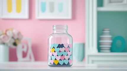 Colorful Heart Shapes in Glass Jar on Pink Background with Decorative Elements