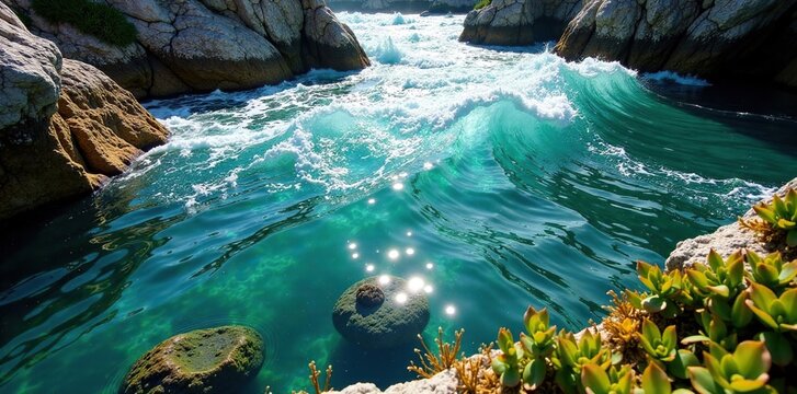 Turbulent seawater with Ulva intestinalis algae, biotope, rockpool
