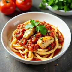Delicate noodles in a rich tomato sauce with chicken and fresh parsley, chicken, whitetable