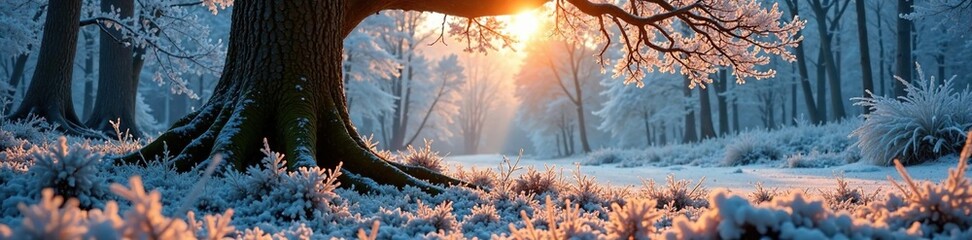Naklejka premium Frosty morning on the forest floor beneath a massive tree, winter, peaceful