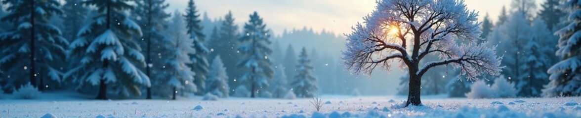 Naklejka premium Snowflakes fall gently on a lone tree's branches, forest, frost