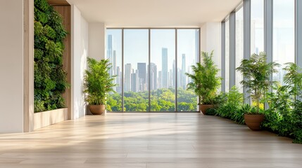 Fototapeta premium Modern Indoor Space with Lush Greenery and Stunning Urban Skyline View
