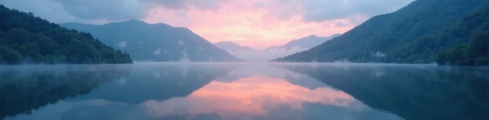 Fototapeta premium Softly glowing mist surrounds serene Mirror Lake on a cloudy evening scene, water ripples, foggy landscape, tranquility