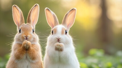 Obraz premium Two adorable rabbits sit together in a serene outdoor setting, surrounded by lush greenery