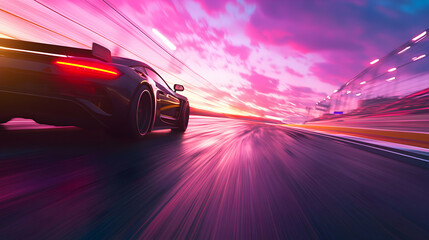 High-speed racing car sunset track action shot dynamic environment low angle view thrilling motion capture