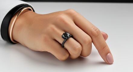 Hand with black gemstone ring and bracelets, nails painted light pink