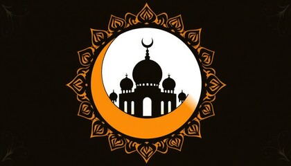 Fototapeta premium A crescent moon and mosque icon framed by intricate arabesque patterns