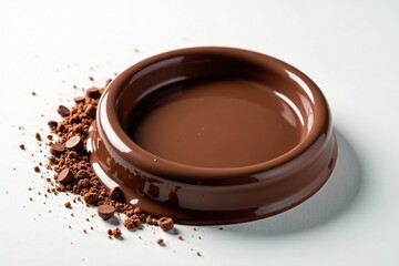 Chocolatey pool on a clean white surface with a few crumbs, edible decoration, , dessert