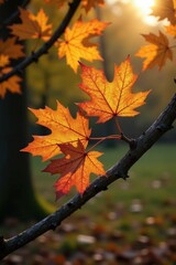Obraz premium Faded oak leaves cling to gnarled branchlets in the golden light of autumn, nature, drywood, tree branches