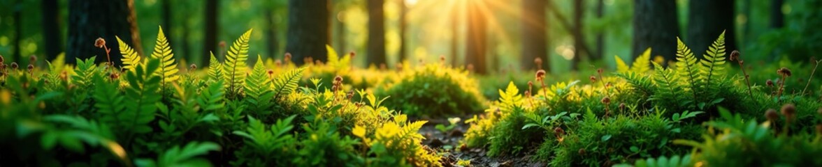 Fototapeta premium forest floor covered in moss and ferns at sunrise, forest ground ferns moss greenery, leafy greens, ferns on trees