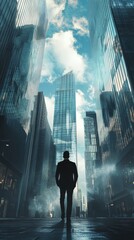 Obraz premium A businessman walking through a futuristic cityscape, looking up at the towering buildings and the cloudy sky.