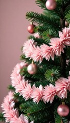 Pastel pink garland wraps around Christmas tree trunk, festive embellishments, pastel colors, tree wrapping