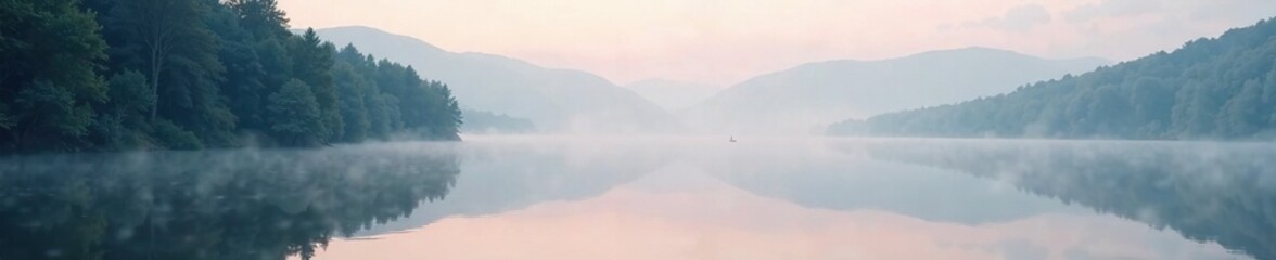 Fototapeta premium Soft mist ascends lake's surface calming atmosphere, gentle, stillness