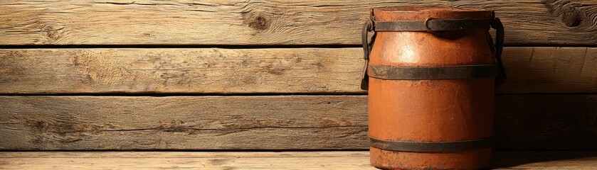 A rustic wooden background features a vintage brown barrel, showcasing a classic farmhouse aesthetic.