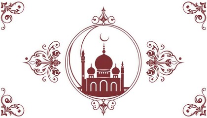 Fototapeta premium A crescent moon and mosque icon framed by intricate arabesque patterns