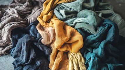 Colorful and Textured Linen Fabrics Piled Together Creating a Beautiful Abstract Background of Soft Textiles for Artistic and Creative Projects