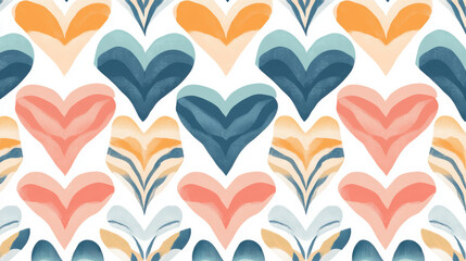 Fototapeta premium Colorful repeating heart motifs in shades of blue, orange, and pink create romantic and playful pattern, perfect for love themed designs and creative backgrounds