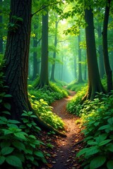 Obraz premium The forest path winds through the dense undergrowth', leafy, forest floor, wooded area