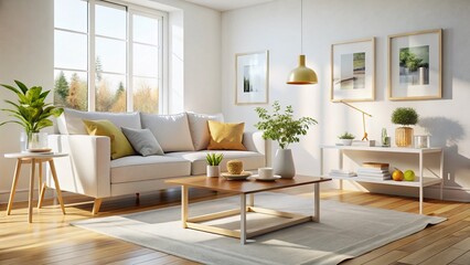 Scandinavian Living Room Mockup: White Sofa, Modern Coffee Table & Frame