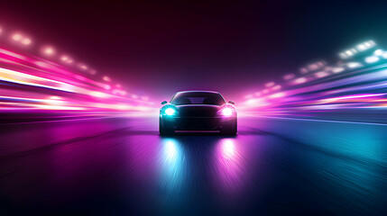 Dynamic nighttime car racing scene urban cityscape digital art neon lights front view speed and motion capture