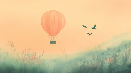 Obraz premium A pastel-toned hot air balloon floating above a gentle countryside
