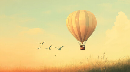 Obraz premium A pastel-toned hot air balloon floating above a gentle countryside