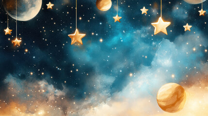 Fototapeta premium dreamy cosmic scene featuring starry night sky with glowing stars, hanging star ornaments, and planets amidst deep blue and golden hues, evoking magical celestial atmosphere