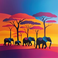 Fototapeta premium Herd of Elephants Walking Through an Abstract Glowing Savanna Landscape