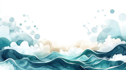 Abstract illustration of ocean waves with foamy crests, soft blue tones, and white background, evoking serene and dynamic marine atmosphere