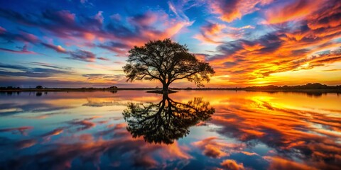 Obraz premium Serene Double Exposure: Tree Reflection in Water, Nature Photography