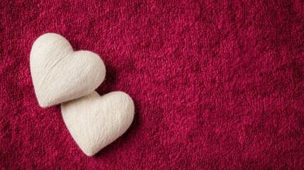 Fototapeta premium White Yarn Hearts on Rich Red Textile Background for Romantic Decor or Crafts