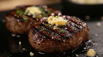 A close-up of a perfectly cooked steak with grill marks and garlic butter