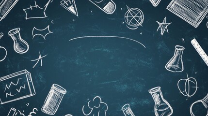 36.A blackboard vector background with playful chalk sketches of academic symbols like beakers, compasses, and clipboards, arranged around a central area for text, ideal for back-to-school posters or