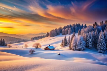 Fototapeta premium Serene Snowy Landscape: Gentle Slopes, Long Exposure Winter Scene