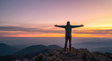 Fototapeta premium Man standing on mountain peak with open arms, enjoying sunset view