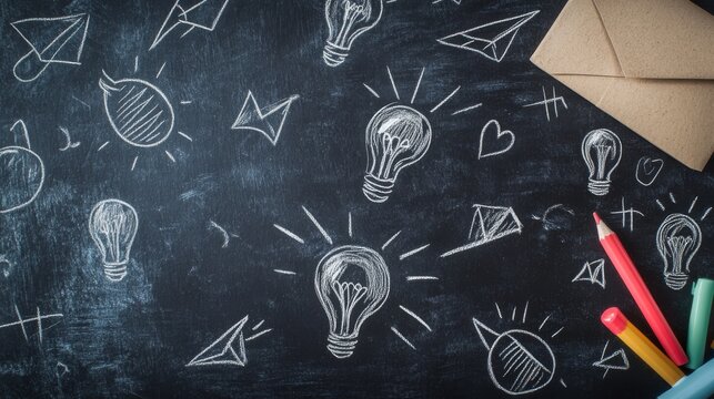 33.A blackboard with whimsical, hand-drawn chalk doodles of educational icons such as light bulbs, magnifying glasses, and paper planes, creating a dynamic back-to-school theme with an authentic