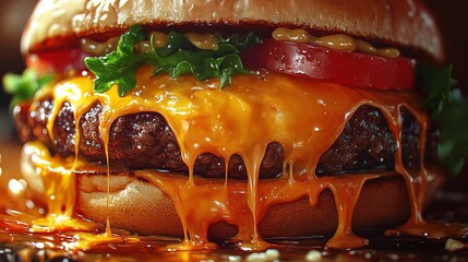 A close-up of a juicy hamburger with melting cheese and fresh toppings, oozing deliciousness