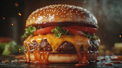 A close-up of a juicy hamburger with melting cheese and fresh toppings, oozing deliciousness