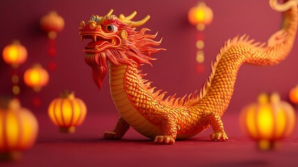 Obraz premium Vibrant Dragon Figure with Lanterns Background