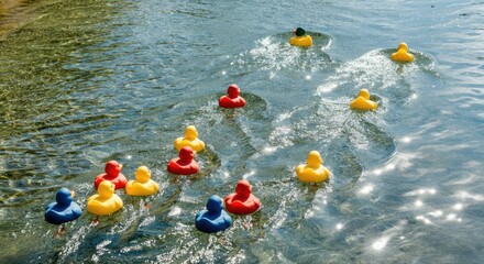 Colorful rubber ducks racing in water under sunlight