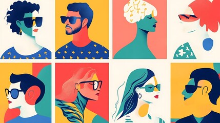 A modern grid layout of vibrant profile illustrations with sharp details on a bright white backdrop. 