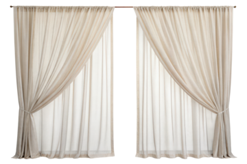 Pair of beige linen curtains isolated with transparent background