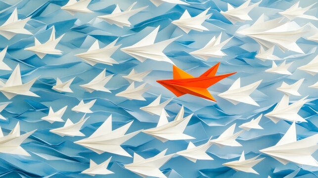 26.A fleet of white paper planes in formation, all flying in the same direction, with one bold orange plane flying slightly ahead, symbolizing leadership and standing out.
