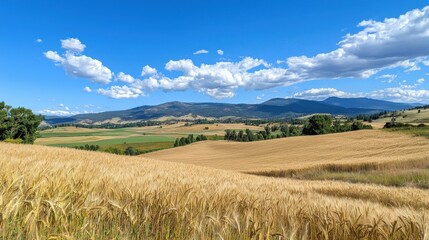 Obraz premium Expansive Rural Landscape with Golden Wheat Fields and Distant Mountains under a Majestic Sky