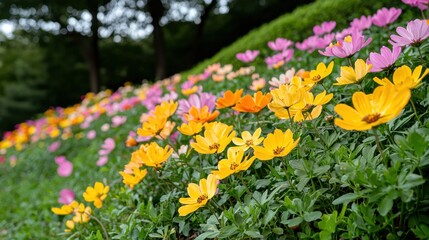 Obraz premium Vibrant and Colorful Floral Field with Blooming Flowers in Scenic Summer Landscape