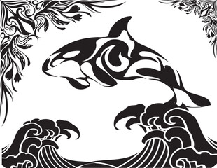 波とアンティークなシャチのベクターイラスト