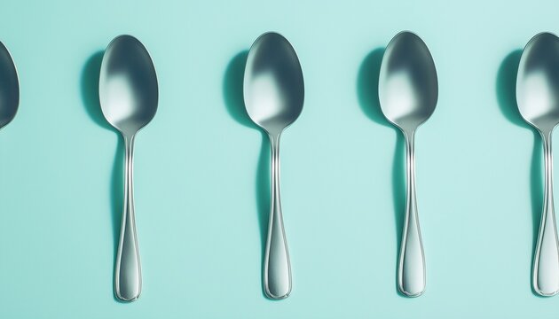 Stainless spoons cutlery for dining tools on blue background