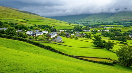 Picturesque Countryside Landscape with Quaint Village and Rolling Green Hills