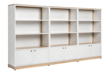 Long white bookcase with wooden base isolated with transparent background