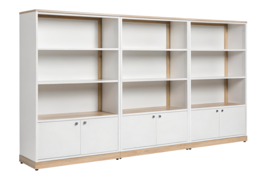 Long white bookcase with wooden base isolated with transparent background